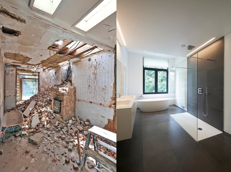 Renovation of a bathroom Before and after in horizontal format