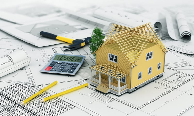Concept of construction and architect design. 3d render of house in building process with tree, calculator and pencils on the blurred blueprints. We see constituents of roof frame and insulation layer.